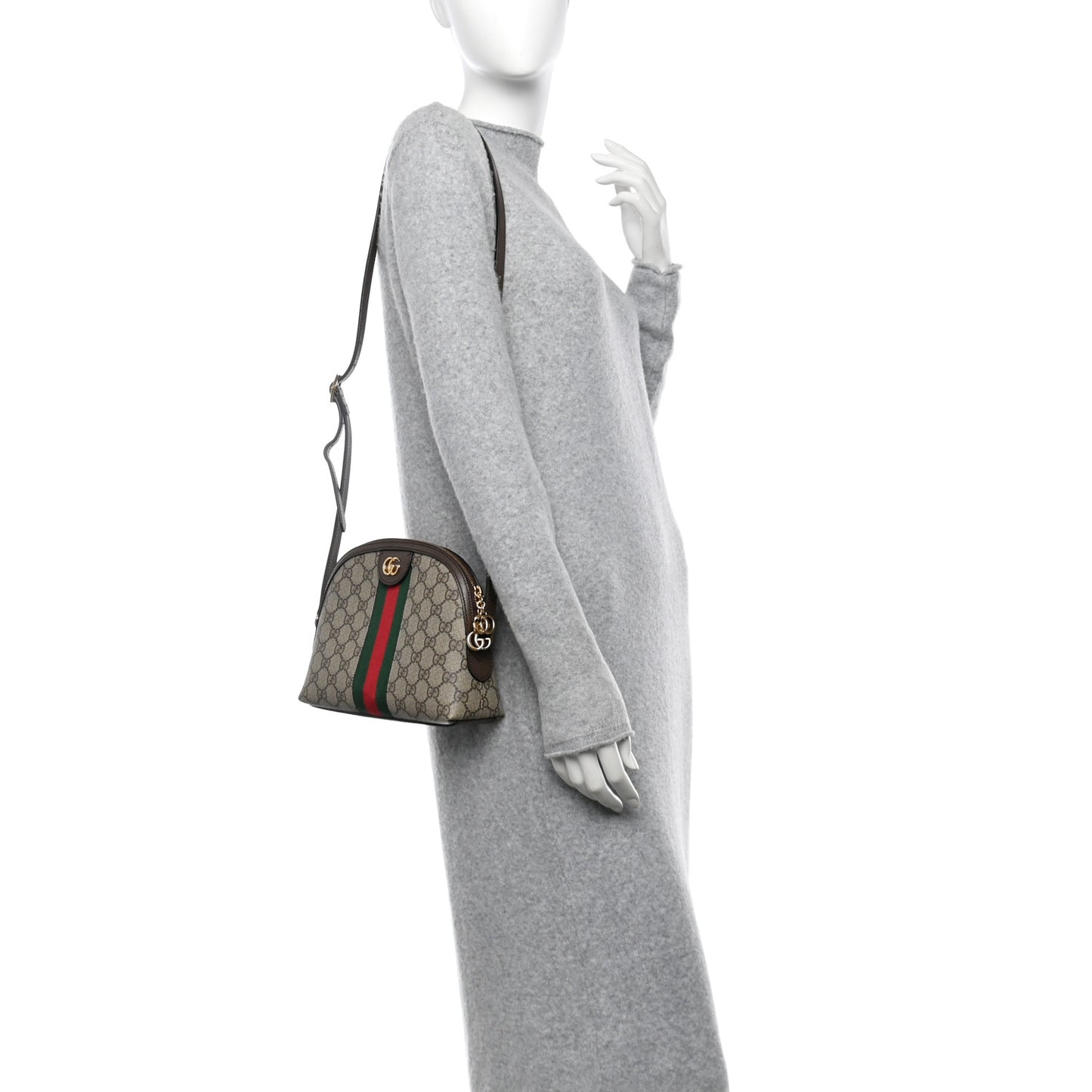 GG Supreme Monogram Textured Dollar Calfskin Web Small Ophidia Dome Shoulder Bag Beige Ebony New Acero