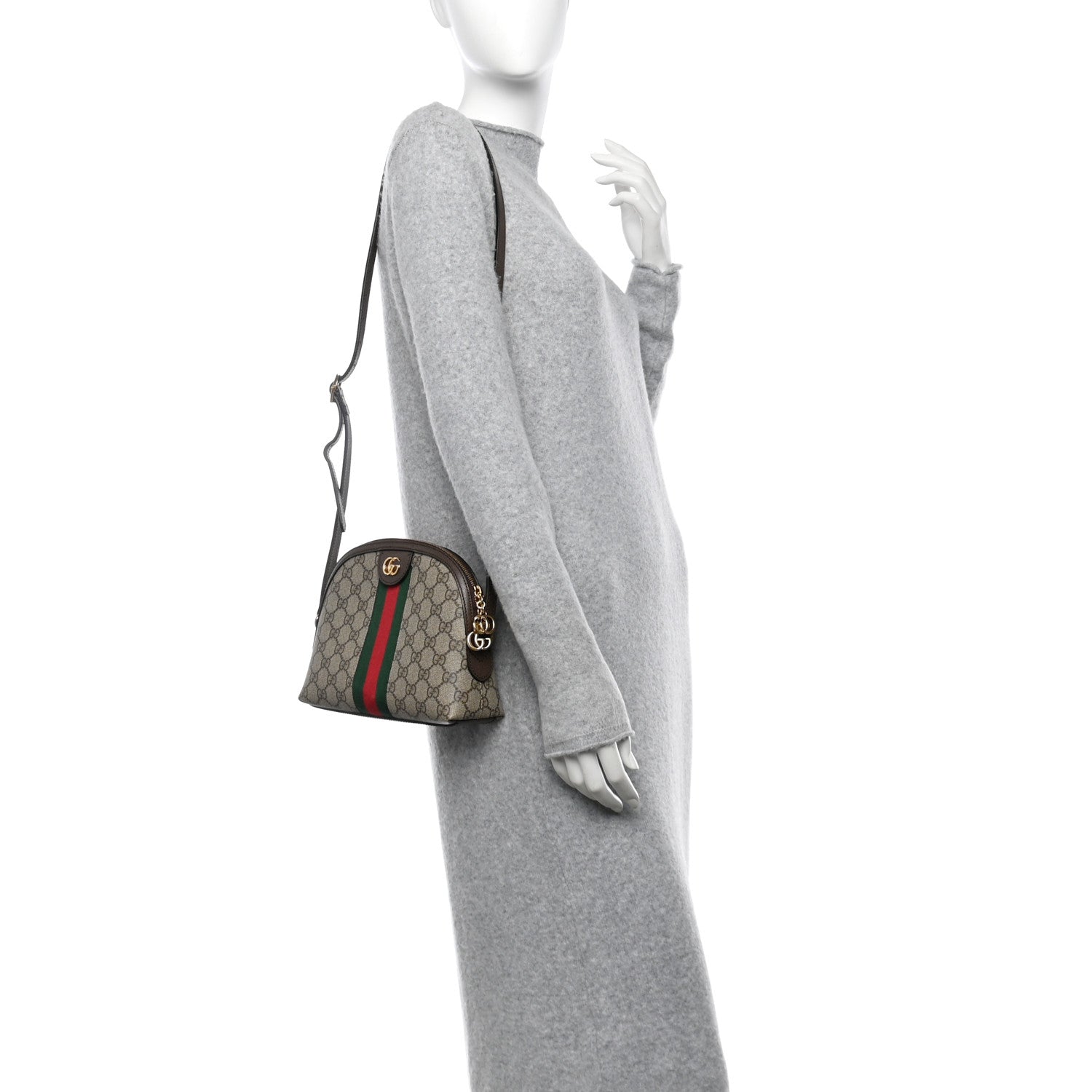 Gucci GG Supreme Monogram Textured Dollar Calfskin Web Small Ophidia Dome Shoulder Bag Beige Ebony New Acero 2 of 11