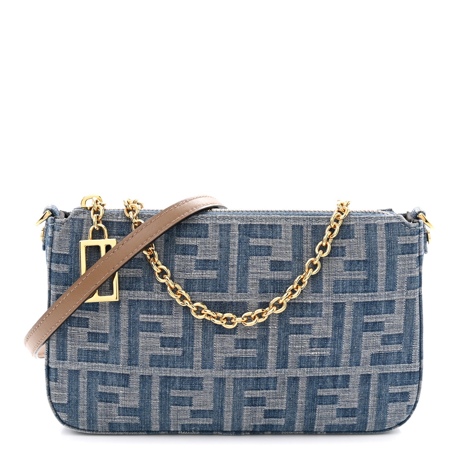 Fendi Denim Effect Fabric Jacquard FF Baguette Pouch Blue 1 of 11