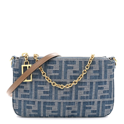 Fendi Denim Effect Fabric Jacquard FF Baguette Pouch Blue 1 of 11