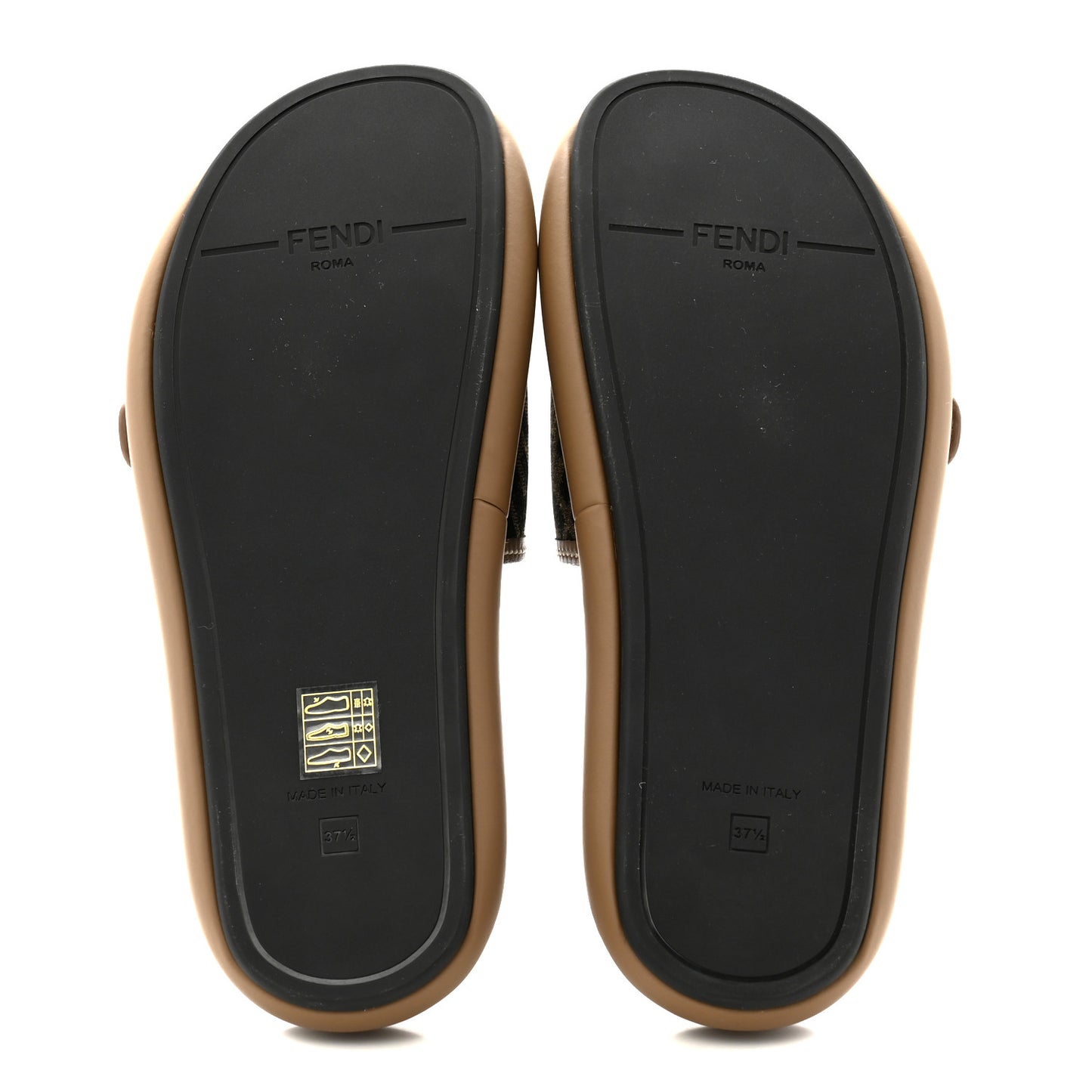 Fabric Jacquard Nappa FF Womens Fendi Feel Slide Sandals 37.5 Tobacco Black Miele Scuro