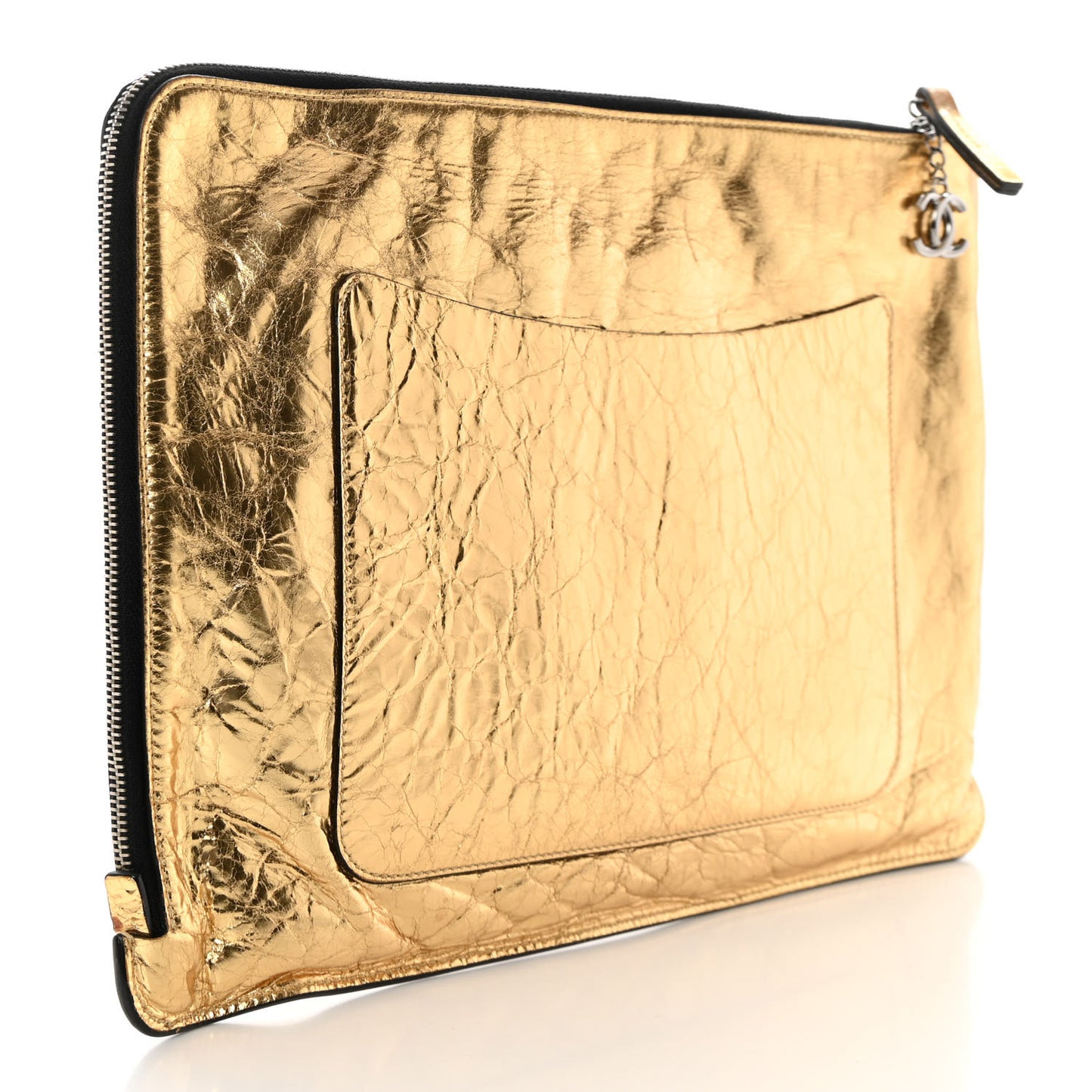 Metallic Lambskin Large Pouch Clutch Gold
