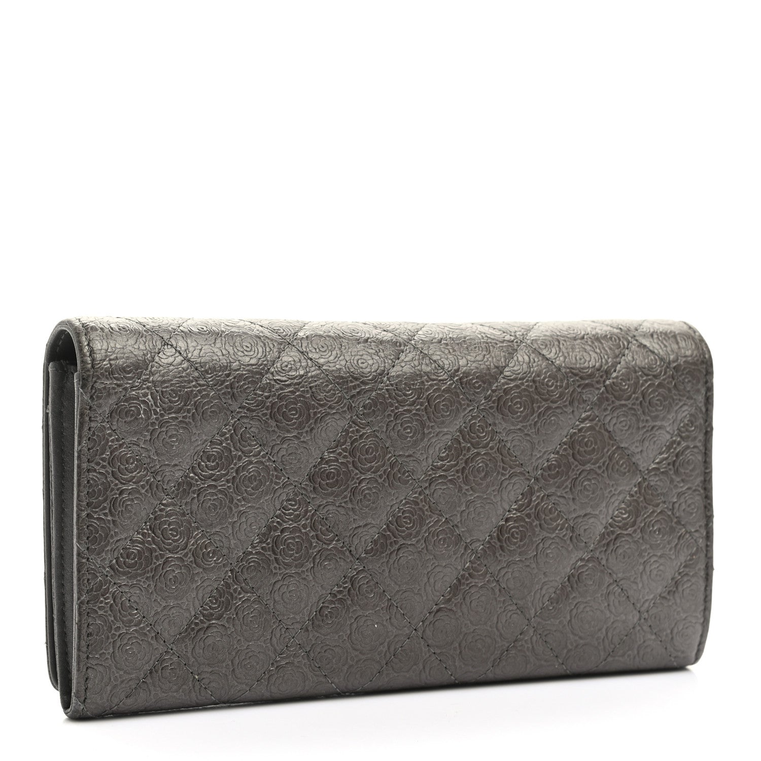 Chanel Metallic Camellia Calfskin Embossed Quilted Yen Wallet Grey 3 of 13