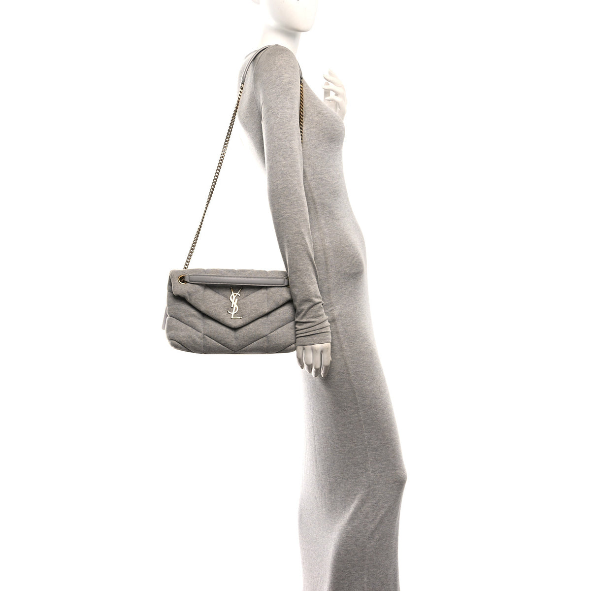 Saint Laurent Jersey Quilted Small Loulou Puffer Monogram Chain Satchel Grey Cloud 2 of 10