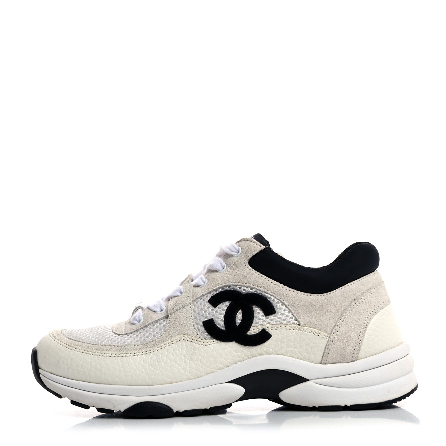 Chanel Mesh Suede Calfskin Grained Calfskin Womens CC Sneakers 37 White Black 1 of 9