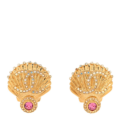 Chanel Metal Crystal CC Shell Clip On Earrings Gold Pink Multicolor 1 of 4