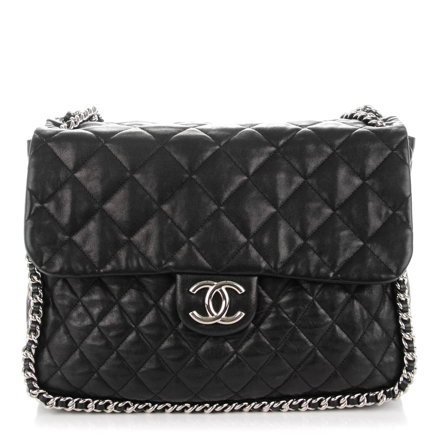 Washed Lambskin Quilted Maxi Chain Around Flap Black