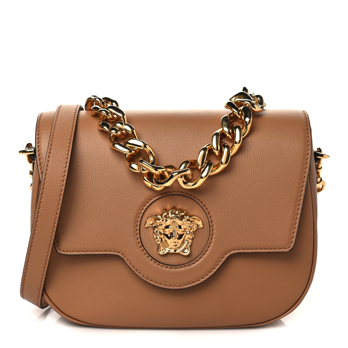 Grained Calfskin La Medusa Chain Clutch Bag Brown