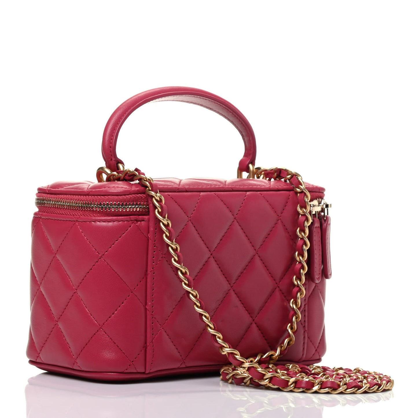 Lambskin Quilted Small Top Handle Vanity Case With Chain Dark Pink