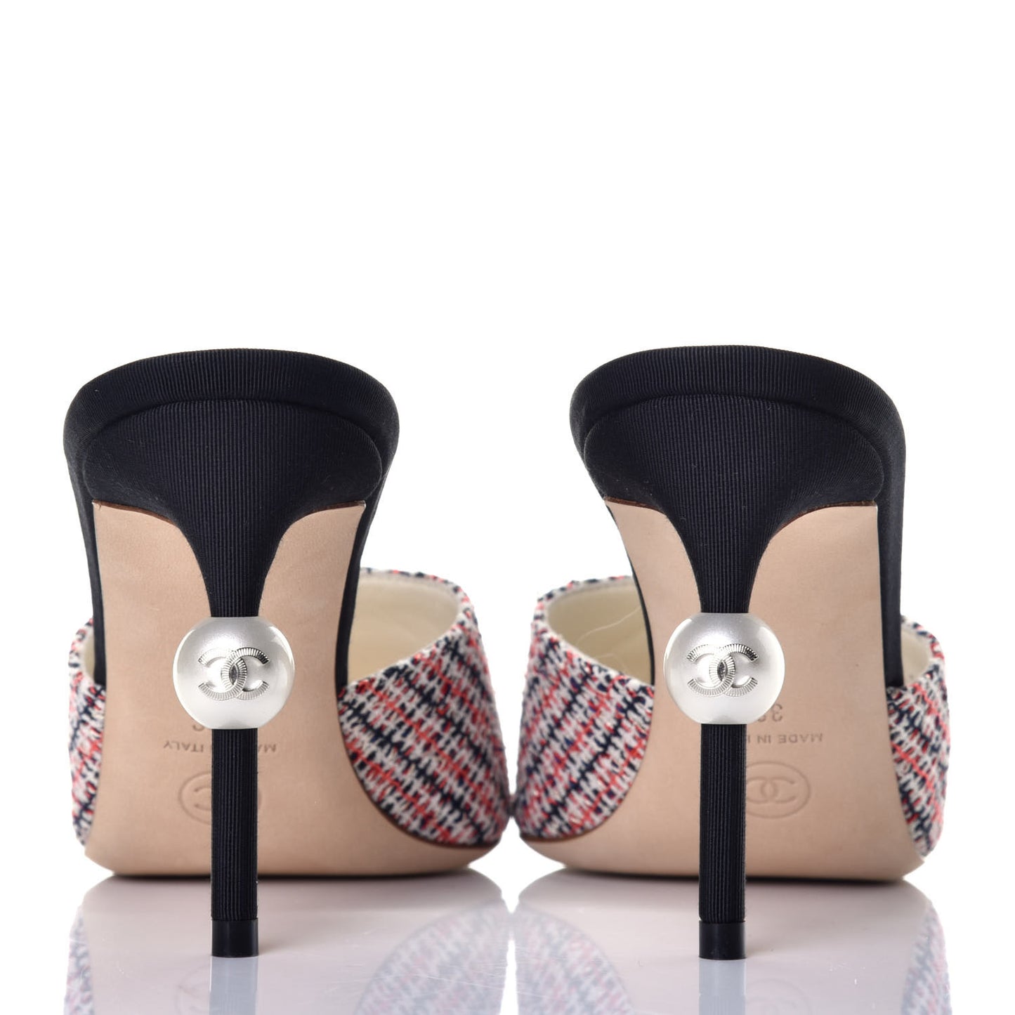 Tweed Grosgrain Pearl Cap Toe Mules 38 Black Red