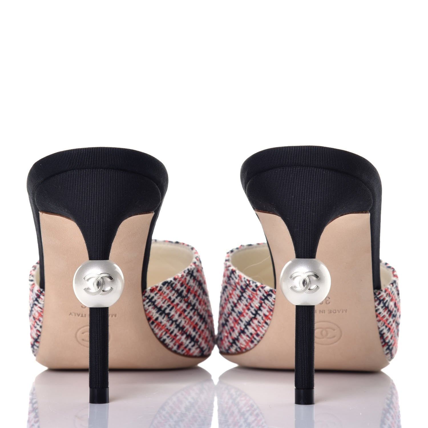 Chanel Tweed Grosgrain Pearl Cap Toe Mules 38 Black Red 5 of 11