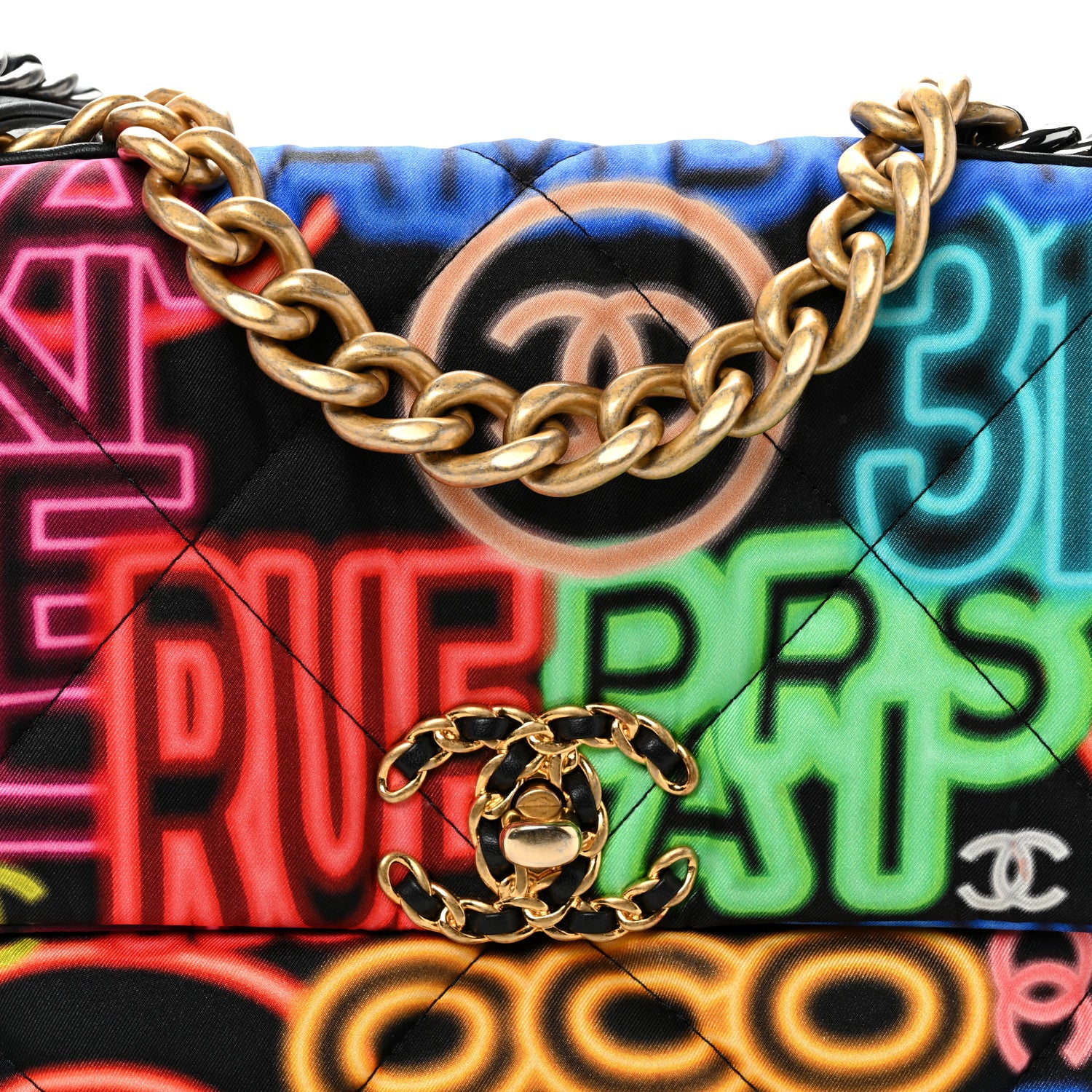 Chanel Fabric Quilted Neon Graffiti Medium Chanel 19 Flap Black Multicolor 8 of 10