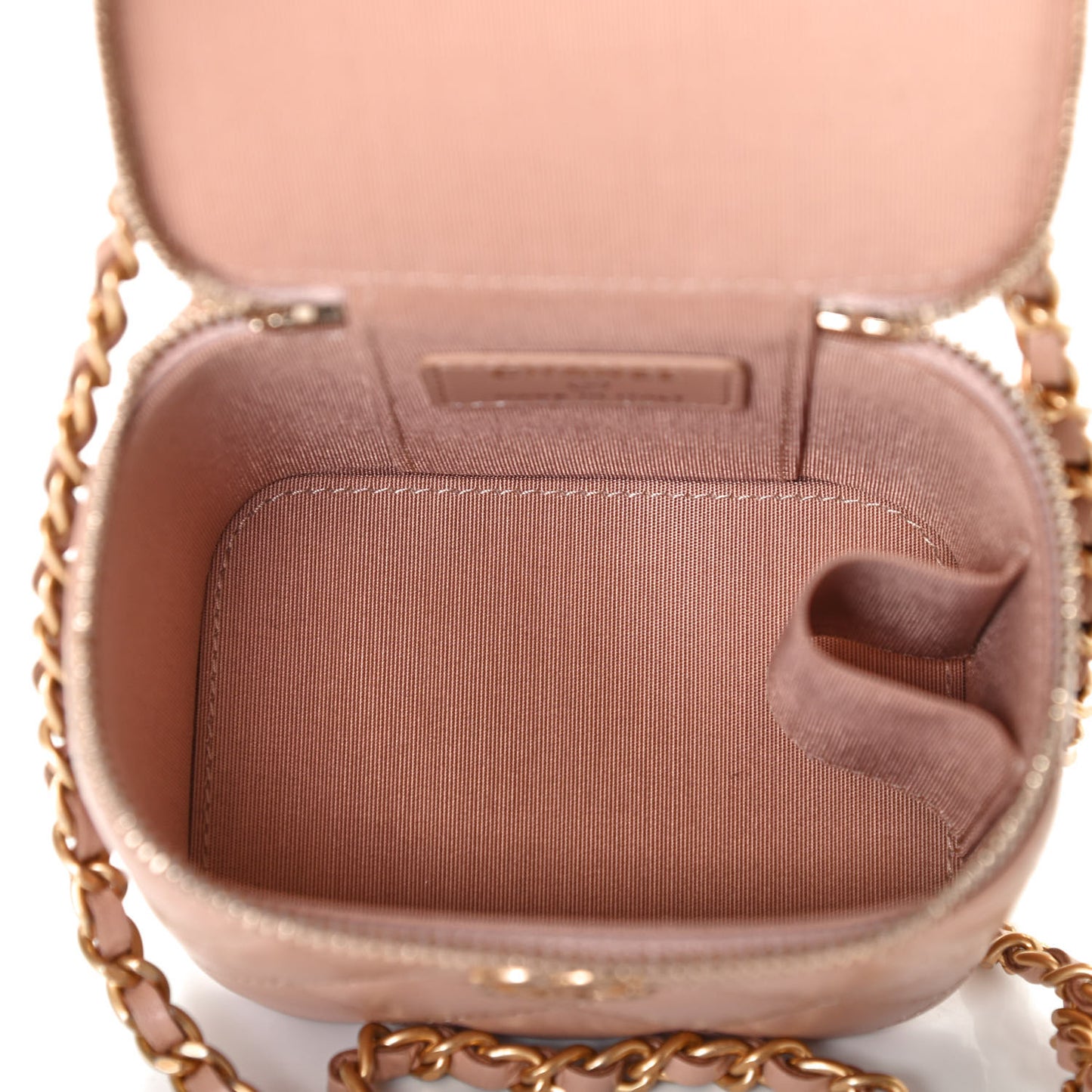 Lambskin Quilted Top Handle Mini Vanity Case With Chain Beige