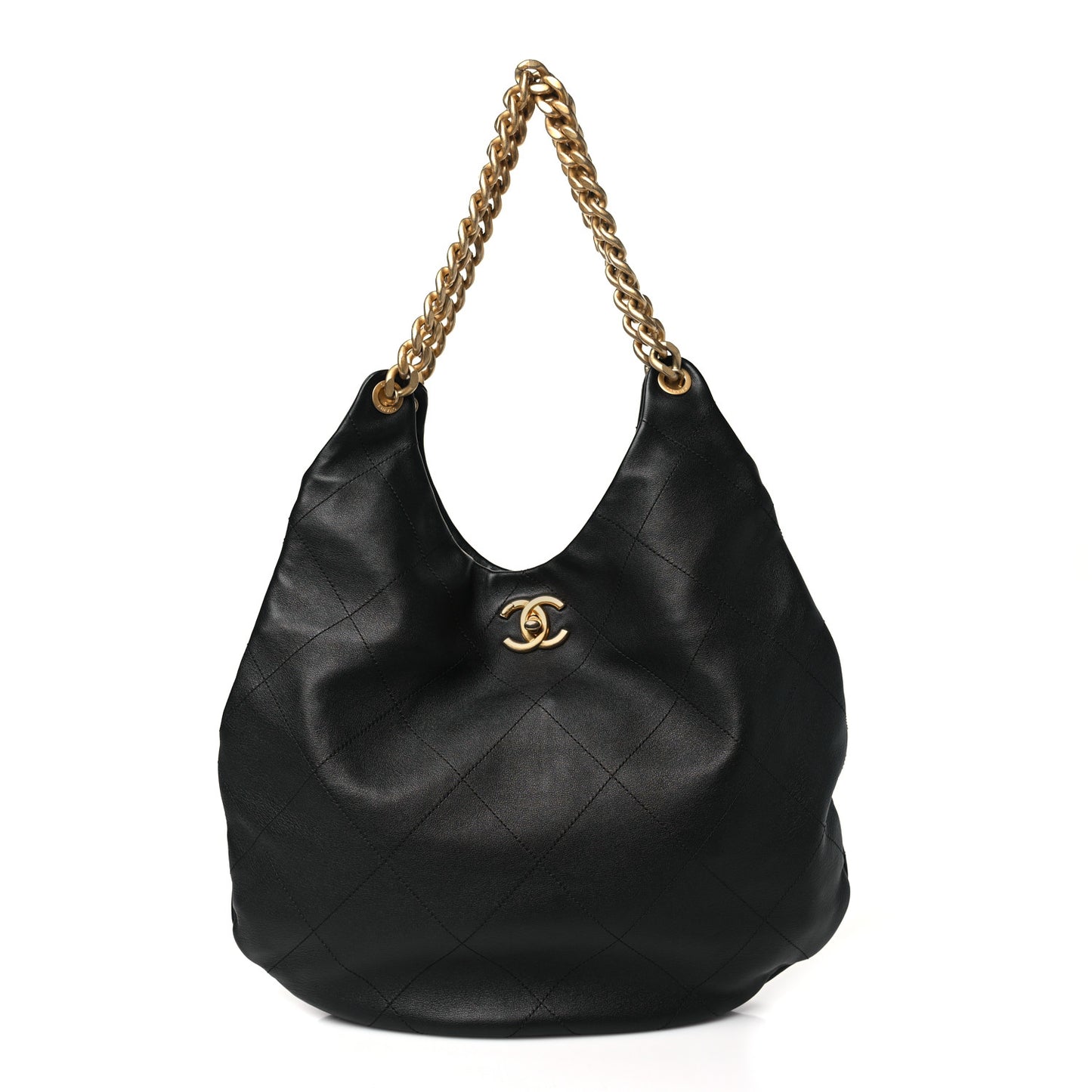 Calfskin Stitched Curved Chain Hobo Black
