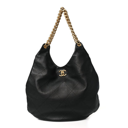 Chanel Calfskin Stitched Curved Chain Hobo Black 1 of 10
