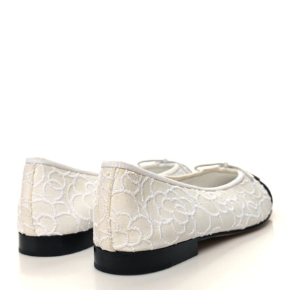 Chanel Fabric Camellia Embroidered Grosgrain Cap Toe Ballerina Flats 39.5 White Black 4 of 10