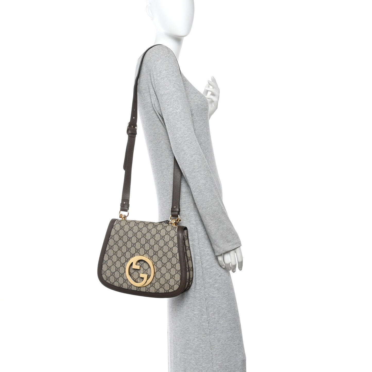 GG Supreme Monogram Textured Dollar Calfskin Web Medium Blondie Top Handle Shoulder Flap Bag Beige Ebony New Acero
