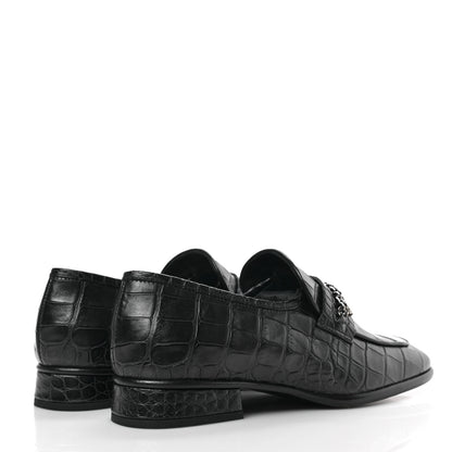 Chanel Calfskin Crocodile Embossed Low Heel CC Chain Mocassin Loafers 38 Navy Black 4 of 8
