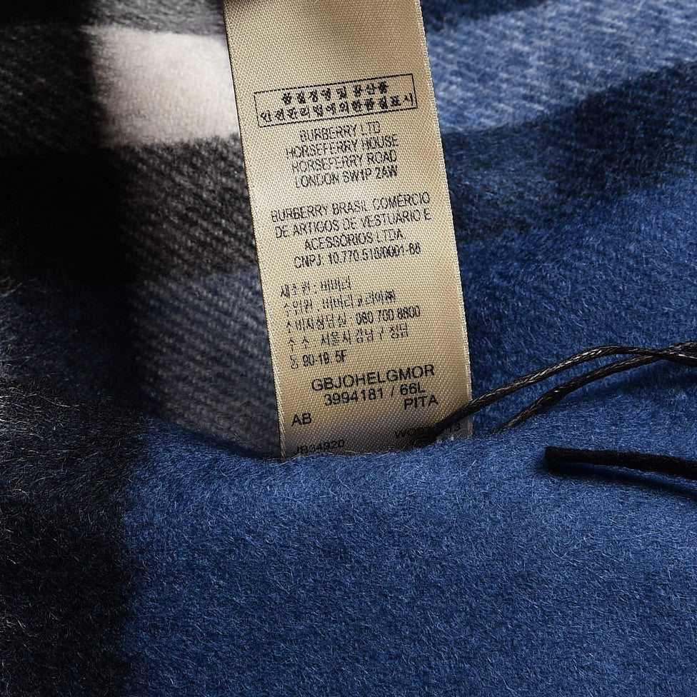 Cashmere Giant Check Fringe Scarf Cadet Blue