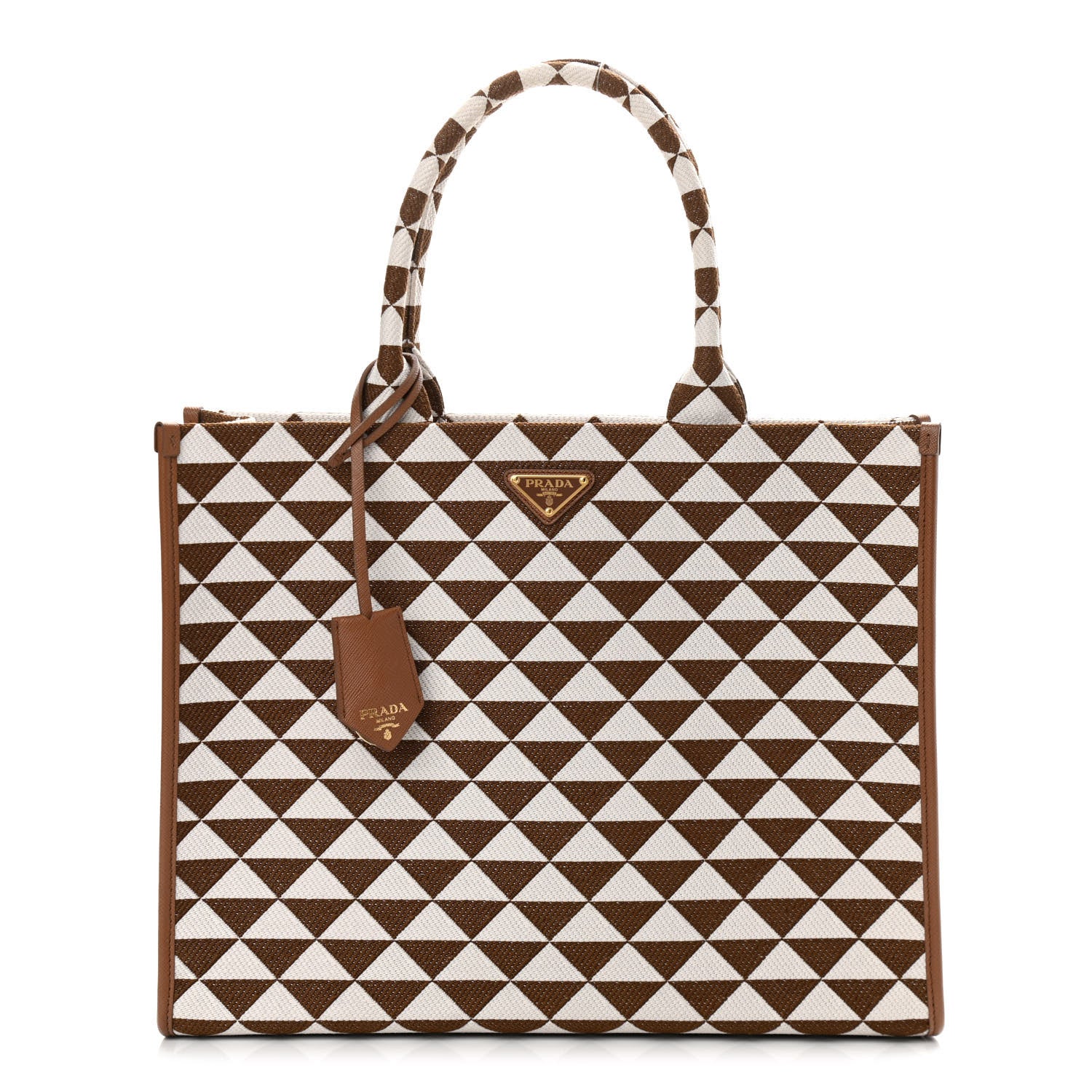 Prada Jacquard Saffiano Triangolo Symbole Embroidered Large Tote Tobacco Talco 1 of 10