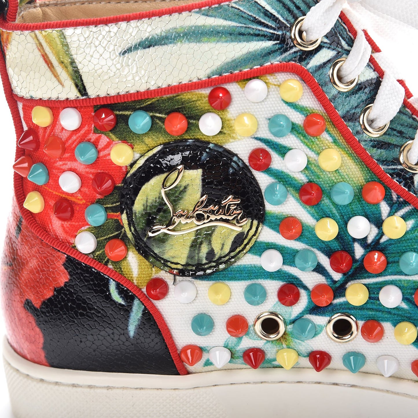Canvas Crackled Calfskin Hawaii Print Louis Orlato Spikes Sneakers 36.5 Multicolor