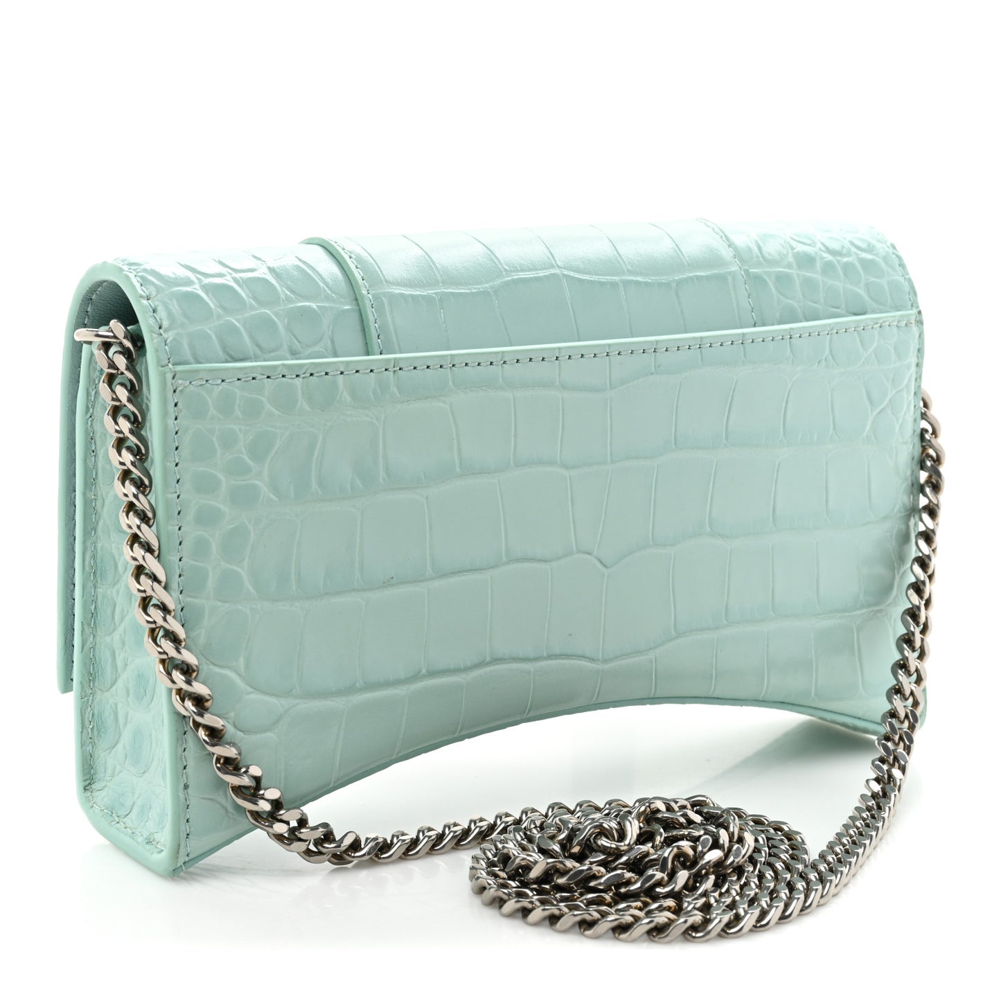 Shiny Calfskin Crocodile Embossed Hourglass Chain Bag Green Acqua