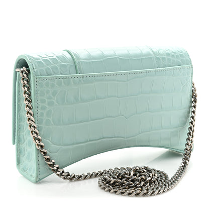 Balenciaga Shiny Calfskin Crocodile Embossed Hourglass Chain Bag Green Acqua 3 of 13