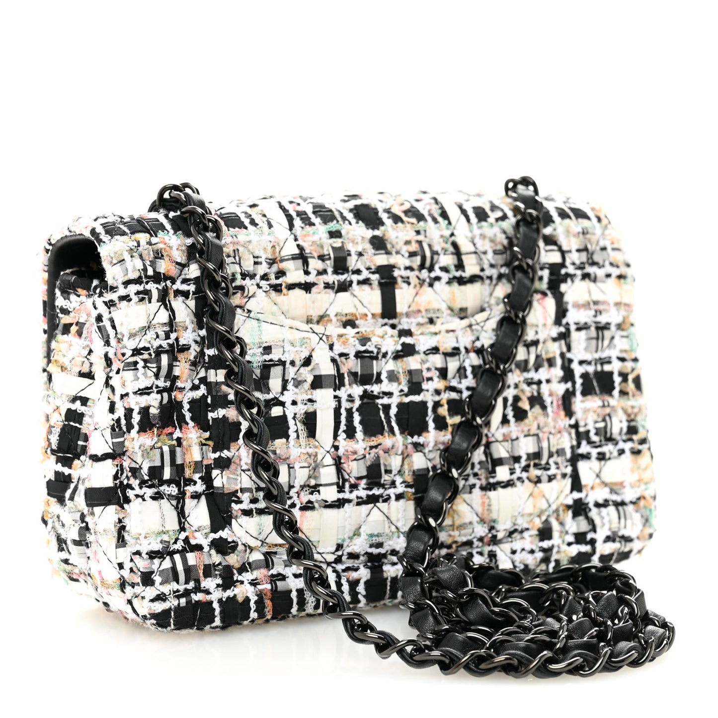 Tweed Quilted Mini Rectangular Flap White Black Multicolor