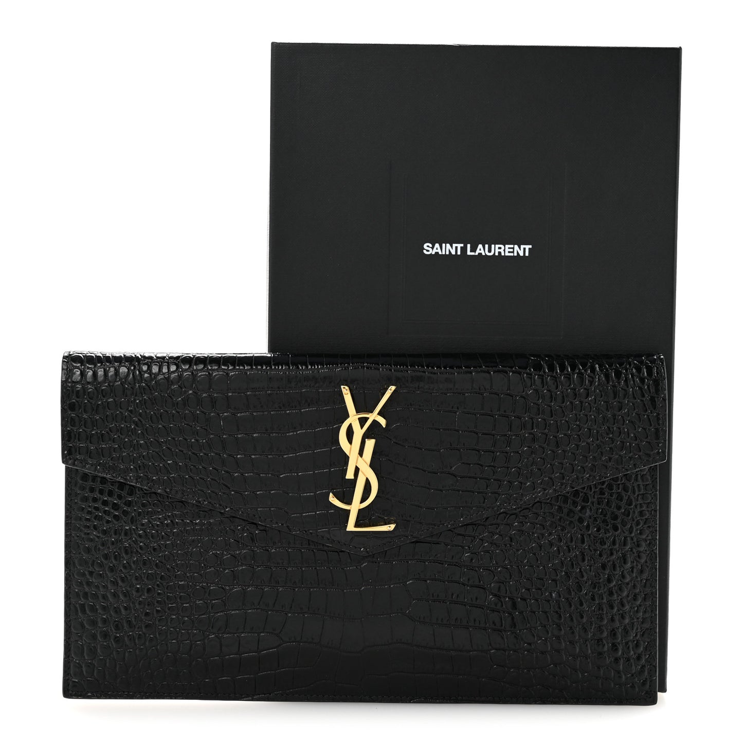 Calfskin Crocodile Embossed Uptown Monogram Clutch Black