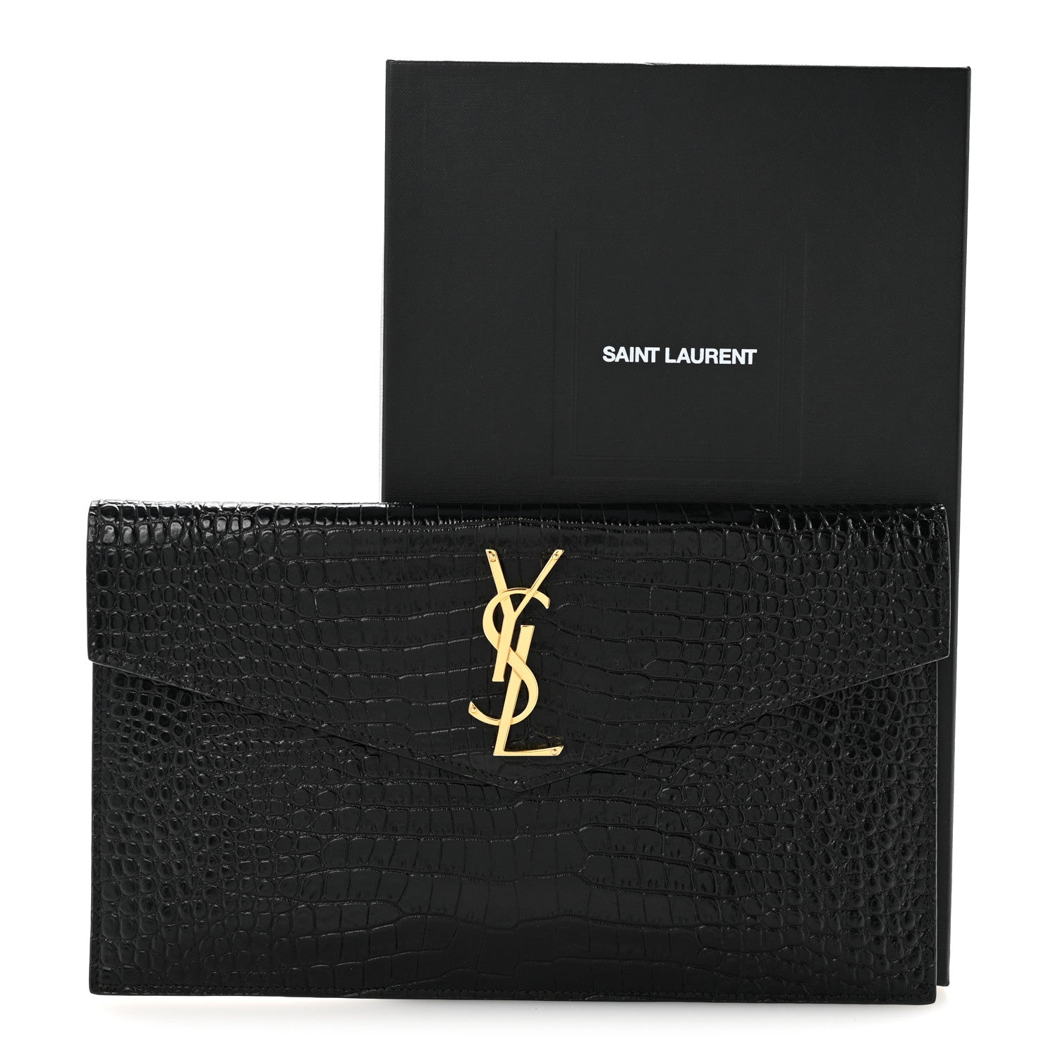 Saint Laurent Calfskin Crocodile Embossed Uptown Monogram Clutch Black 15 of 15