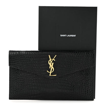 Saint Laurent Calfskin Crocodile Embossed Uptown Monogram Clutch Black 15 of 15