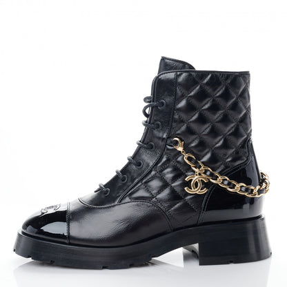 Chanel Shiny Calfskin Patent Quilted Chain Lace Up Combat Boots 39 Black 1 of 9