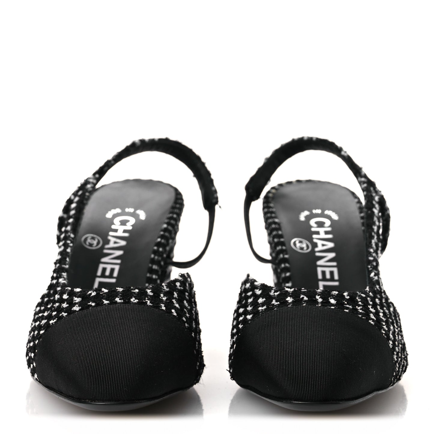 Tweed Grosgrain Cap Toe CC Slingback Pumps 35 Black White