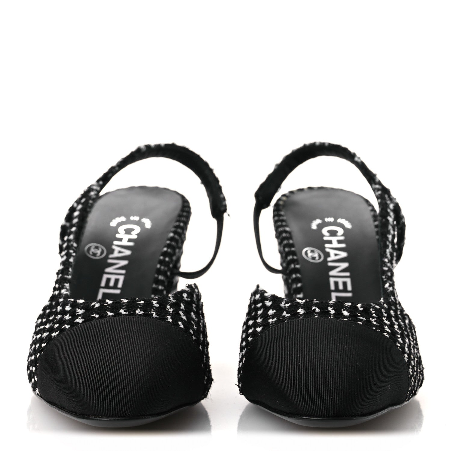Chanel Tweed Grosgrain Cap Toe CC Slingback Pumps 35 Black White 3 of 12