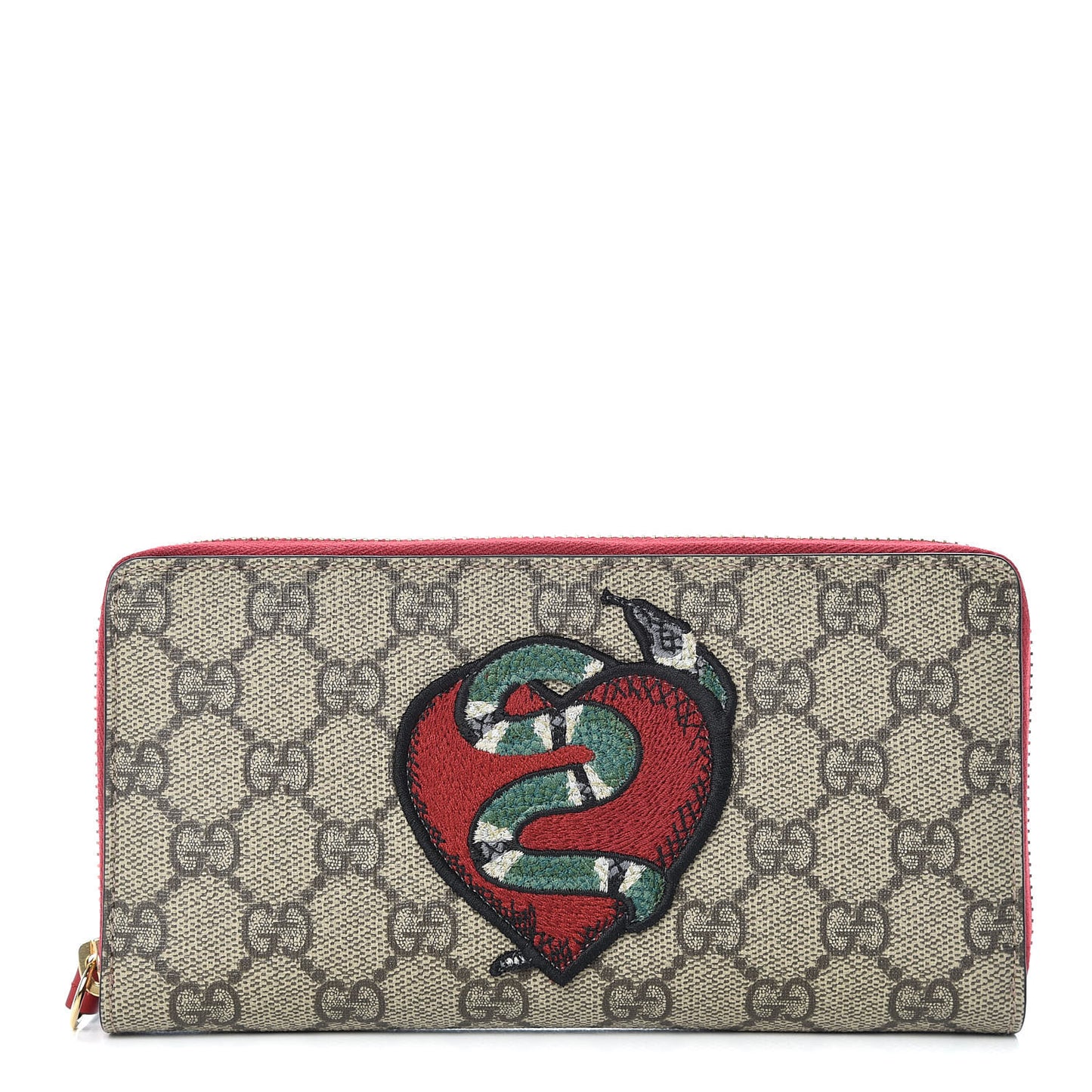 GG Supreme Monogram Kingsnake Heart Embroidered Zip Around Wallet Red