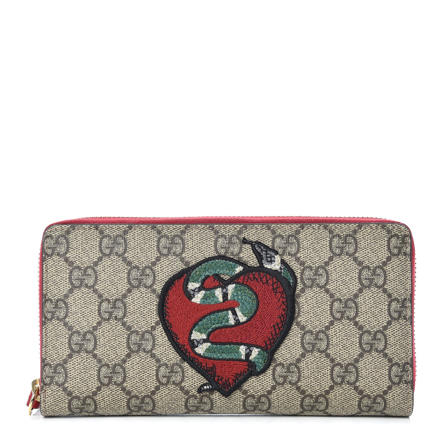 Gucci GG Supreme Monogram Kingsnake Heart Embroidered Zip Around Wallet Red 1 of 9
