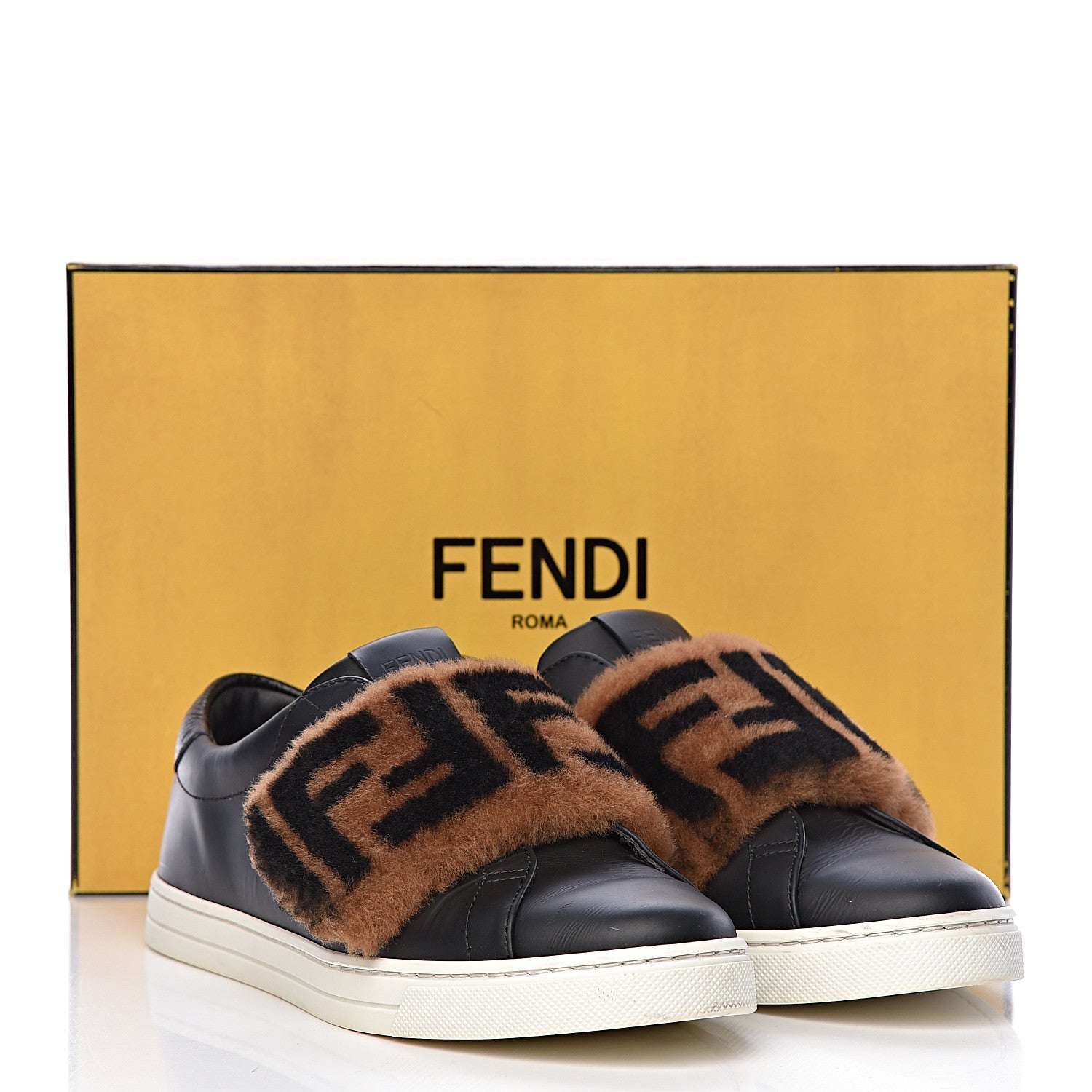 Fendi Vitello Shearling FF Velcro Slip On Sneakers 38 Black 12 of 12
