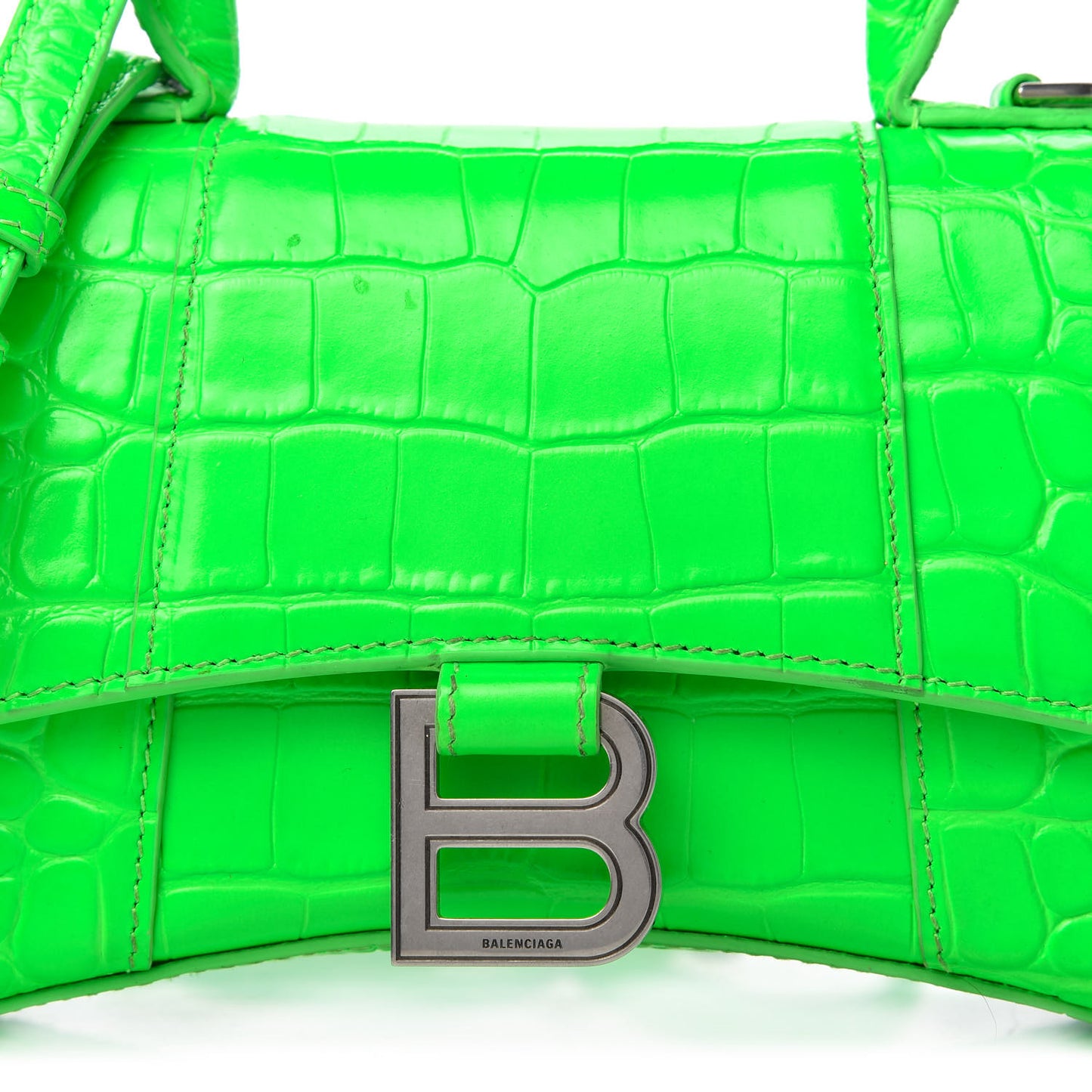 Shiny Calfskin Crocodile Embossed Hourglass Top Handle Bag XS Fluo Green