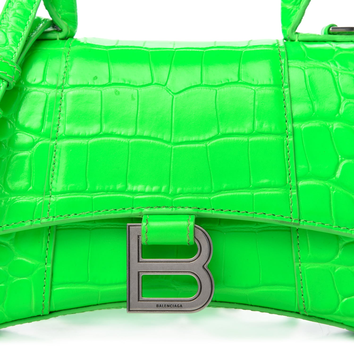 Balenciaga Shiny Calfskin Crocodile Embossed Hourglass Top Handle Bag XS Fluo Green 11 of 11