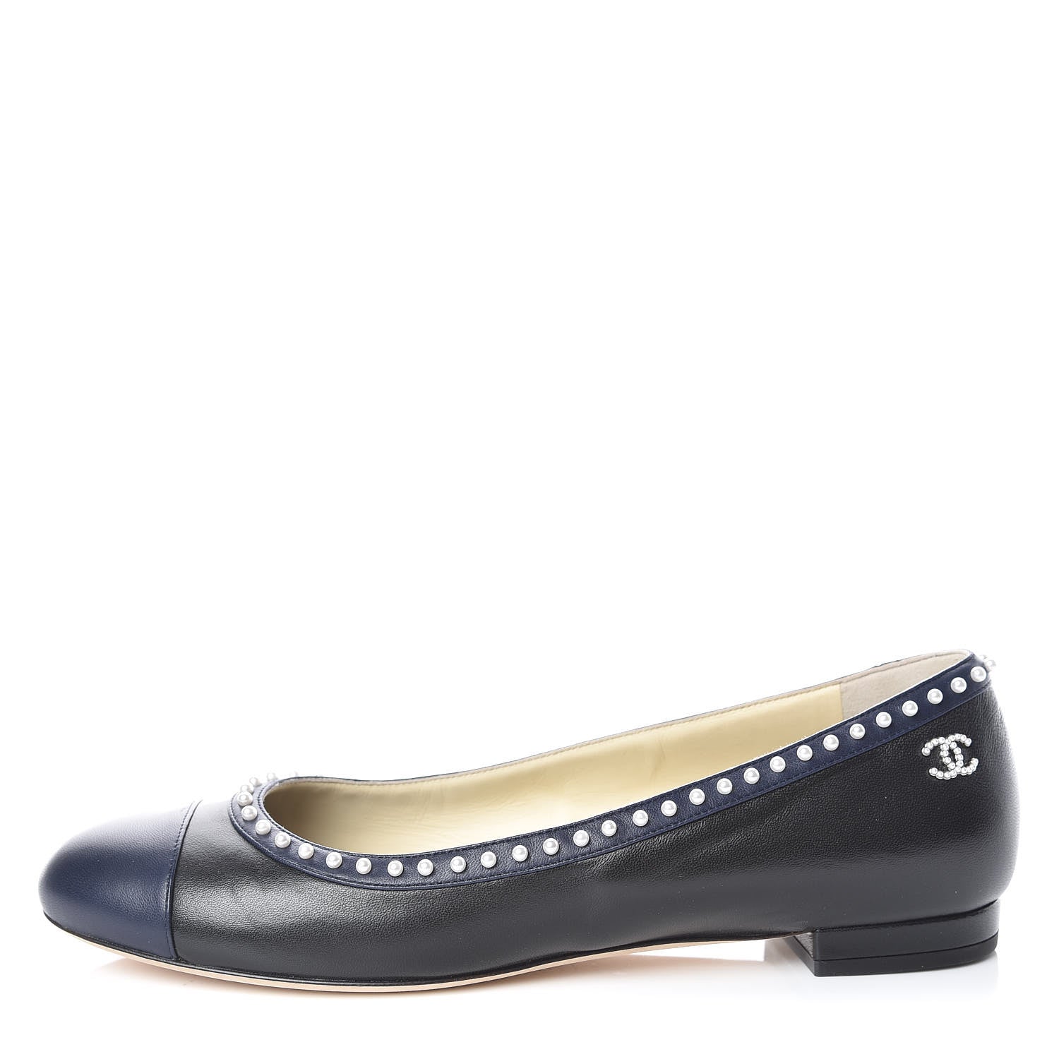 Chanel Lambskin Pearl Cap Toe CC Ballerina Flats 40 Black Navy 1 of 12
