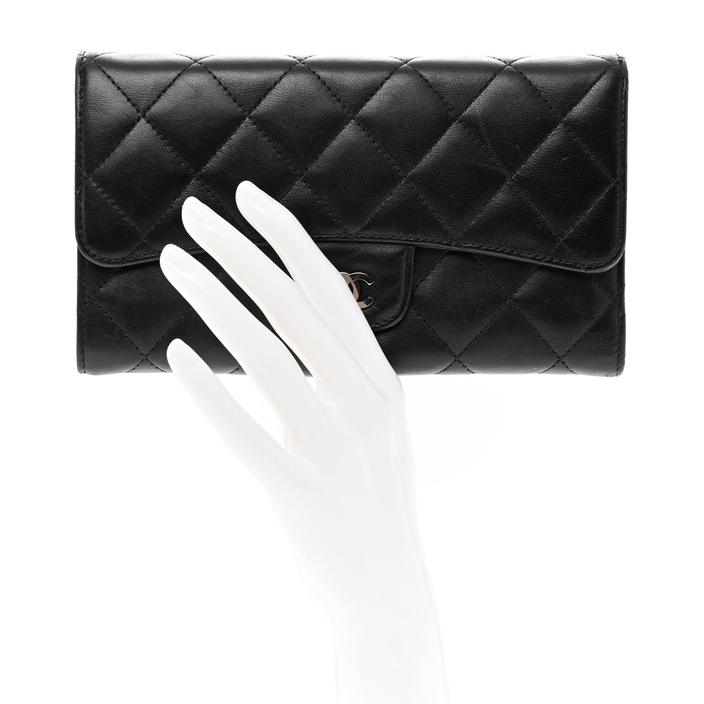 Lambskin Quilted Large Gusset Flap Wallet Black