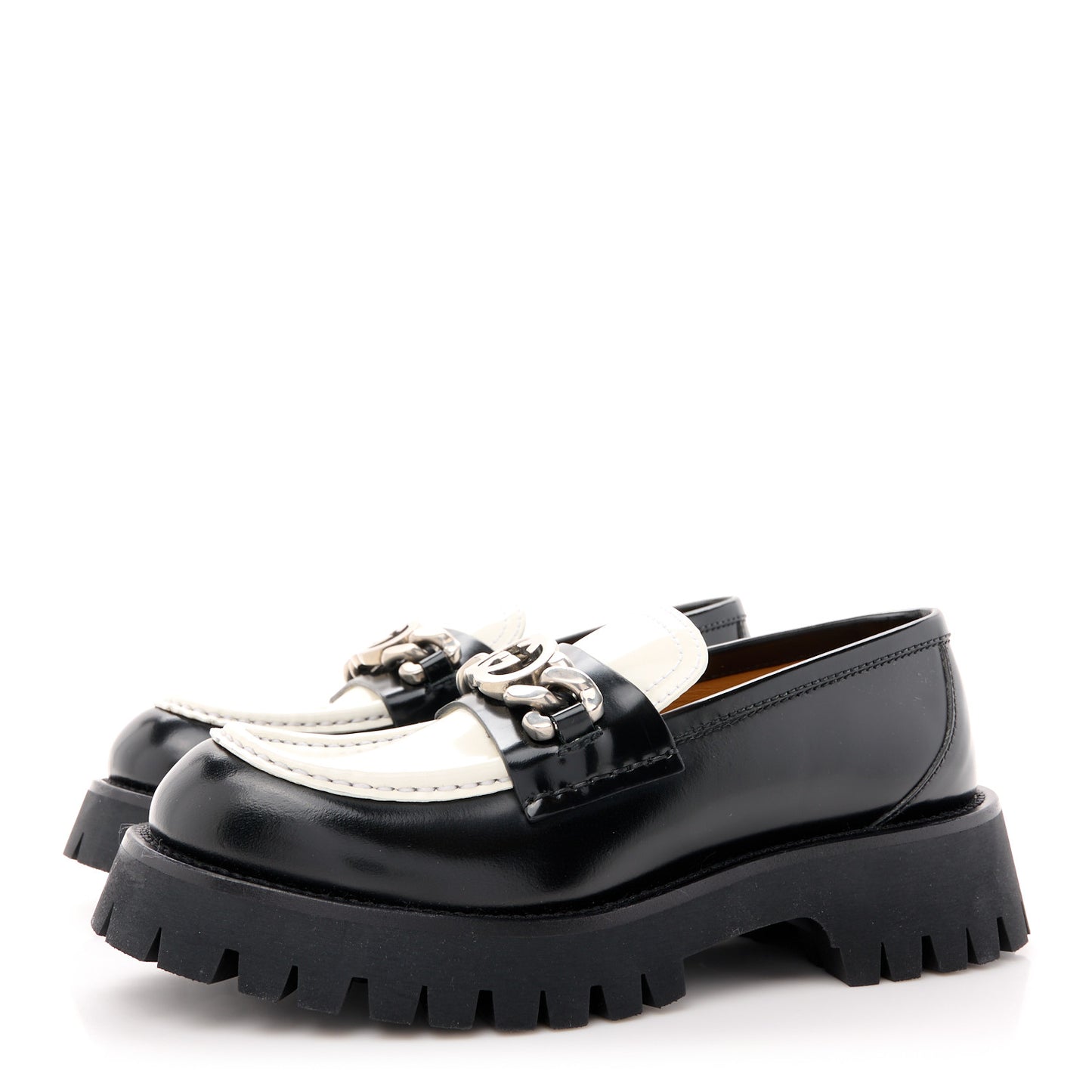 Cordovan Lux Womens Interlocking G Platform Lug Sole Loafers 37 Black Off White