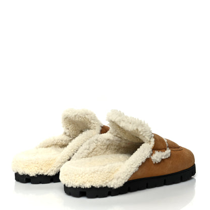 Prada Shearling Metal Triangle Logo 20mm Slippers 39.5 Cognac 4 of 7