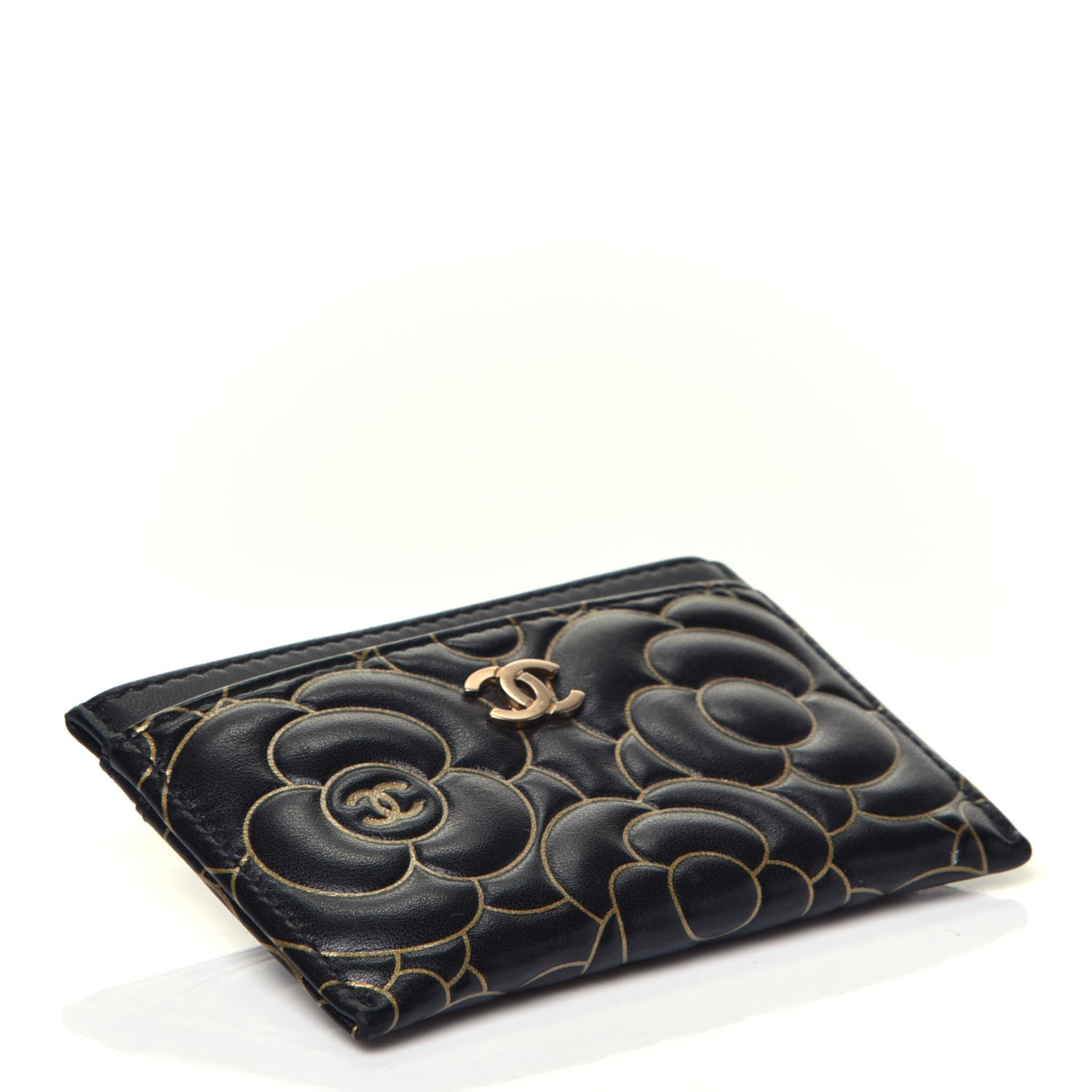 Chanel Lambskin Camellia Embossed Card Holder Black Gold 4 of 8
