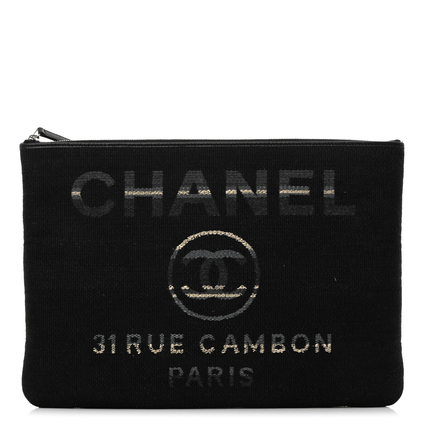 Chanel Striped Canvas Large Deauville Pouch Clutch Black 1 of 7