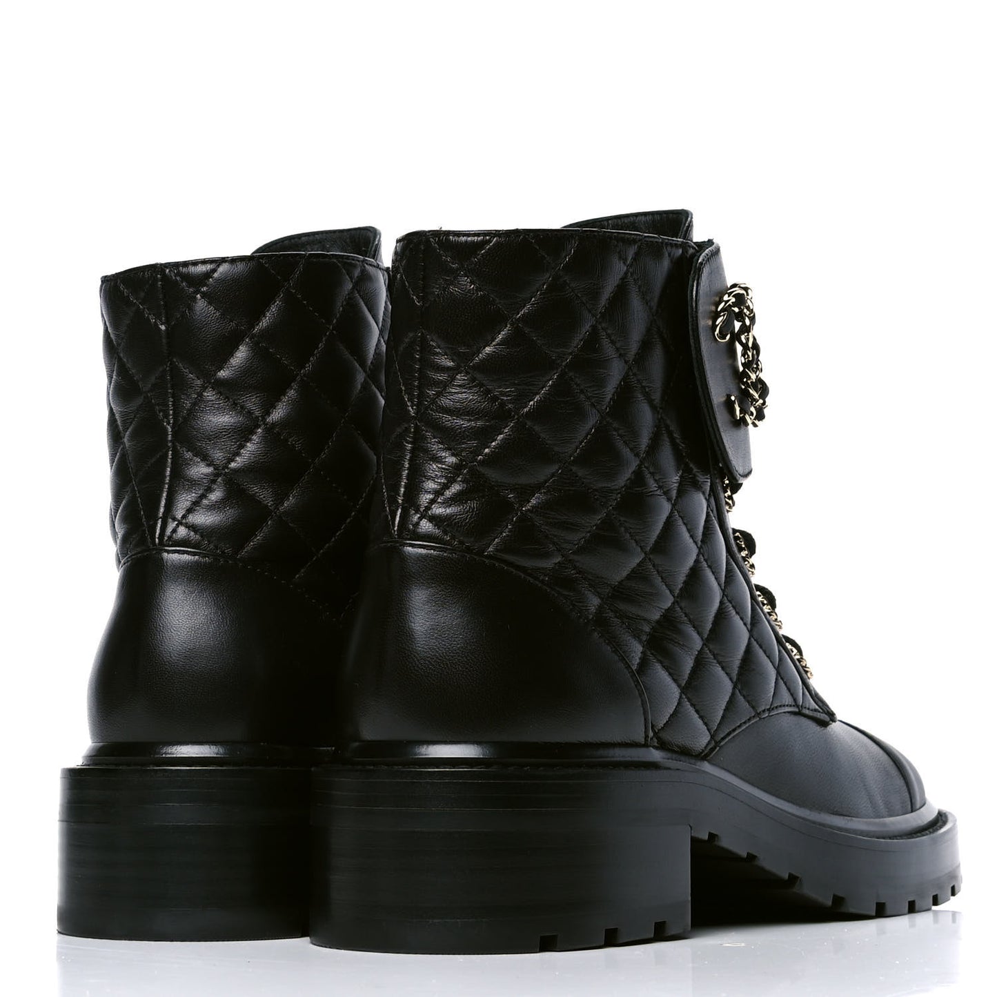 Shiny Lambskin Quilted Lace Up Combat Boots 39 Black