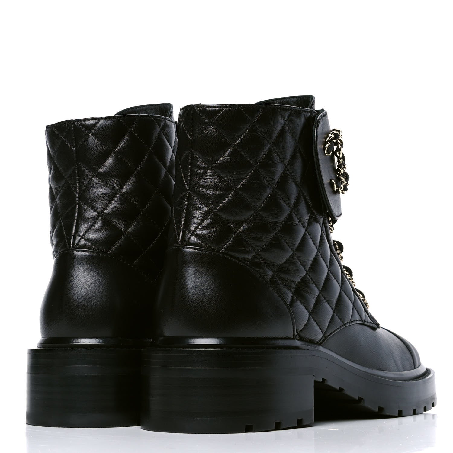 Chanel Shiny Lambskin Quilted Lace Up Combat Boots 39 Black 3 of 4