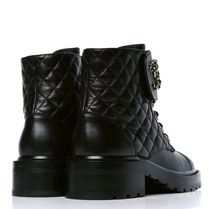 Chanel Shiny Lambskin Quilted Lace Up Combat Boots 39 Black 3 of 4