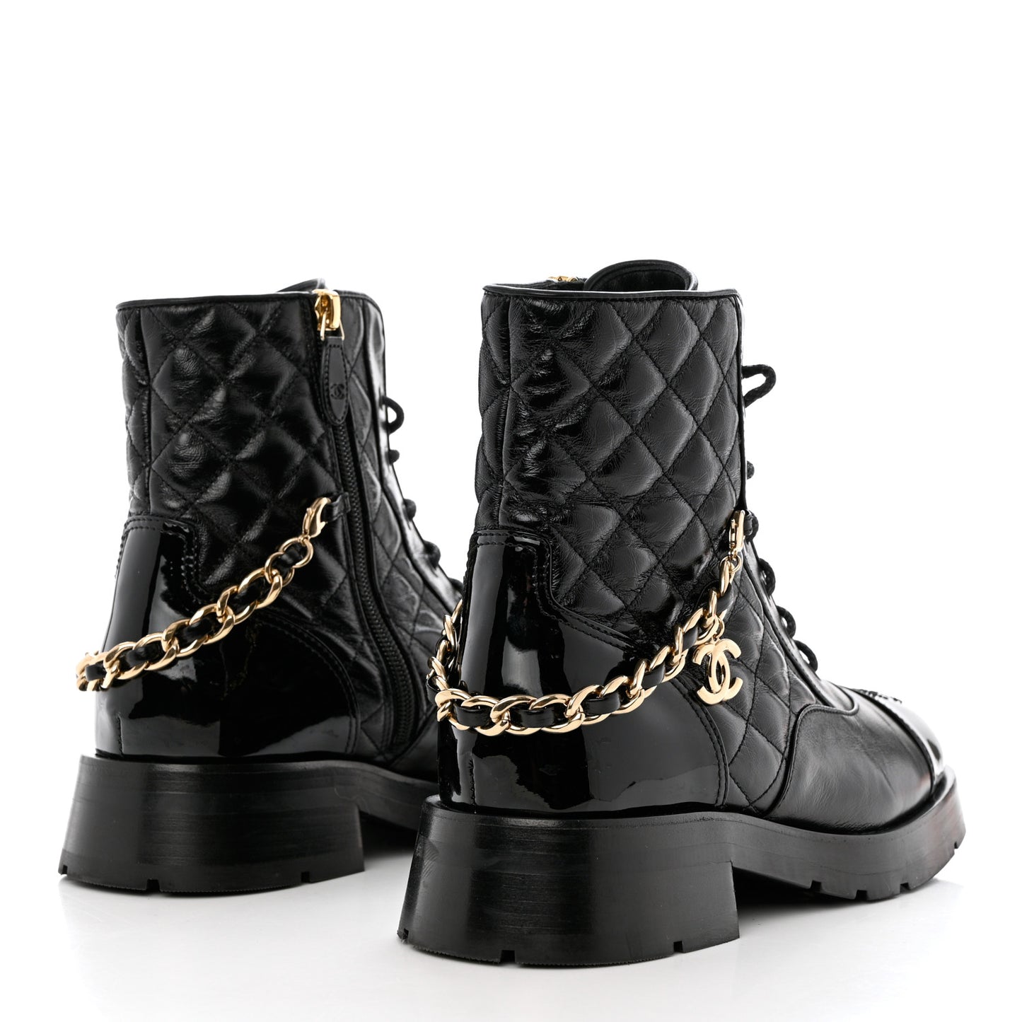 Shiny Calfskin Patent Quilted Chain Lace Up Combat Boots 38.5 Black