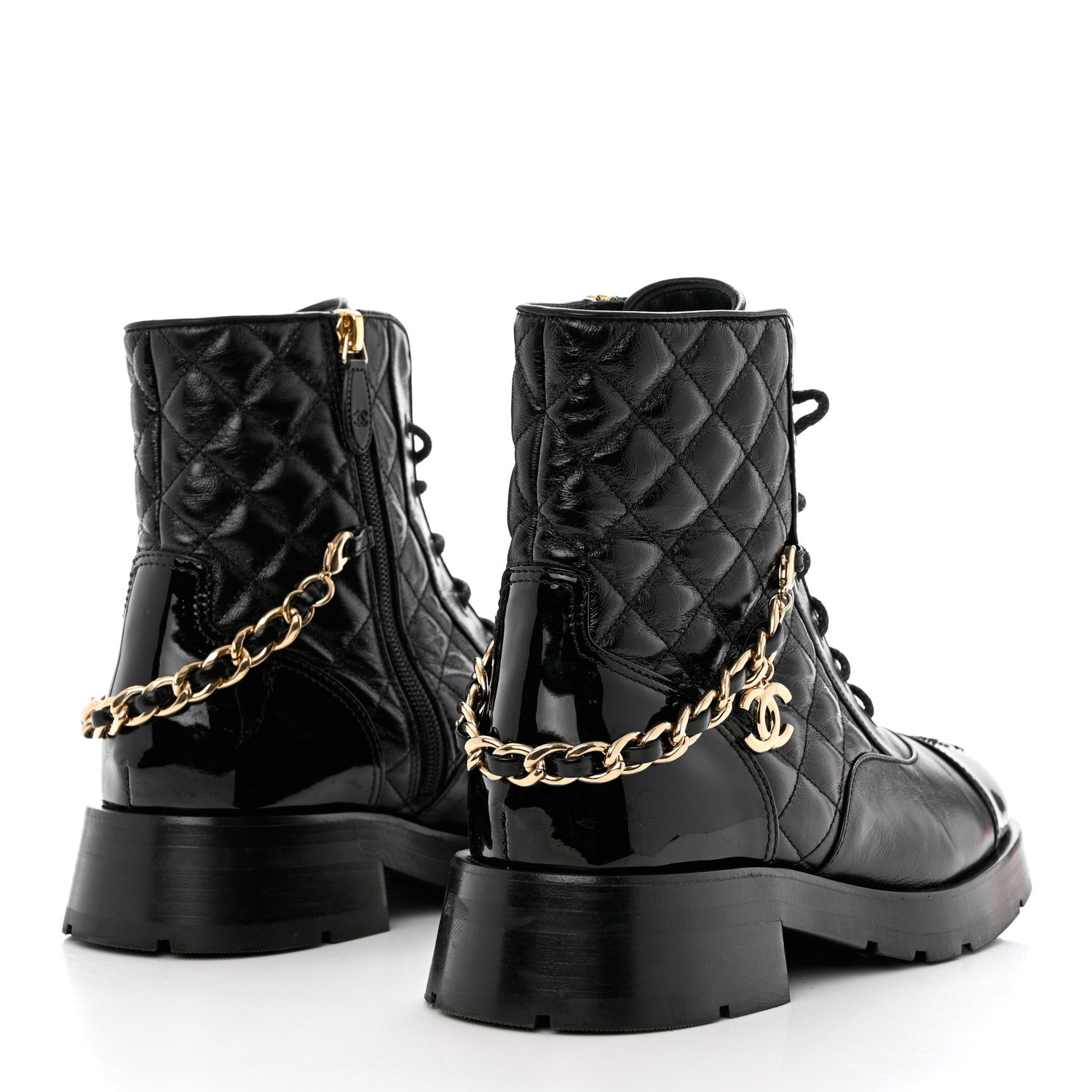 Chanel Shiny Calfskin Patent Quilted Chain Lace Up Combat Boots 38.5 Black 4 of 11